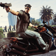 A group of bikers wearing leather vests in GTA Online shoot at enemies off screen.